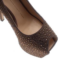 Pre Owned Giuseppe Zanotti Grey Crystal Coated Suede Exaggerated Peep Toe Platform Pumps Size 39.5