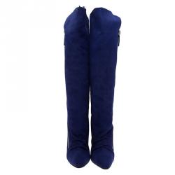 Pre Owned  Giuseppe Zanotti Blue Suede Guaz Fur Lined Wedge Knee Boots Size 38.5