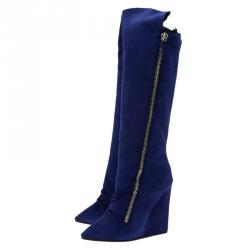 Pre Owned  Giuseppe Zanotti Blue Suede Guaz Fur Lined Wedge Knee Boots Size 38.5
