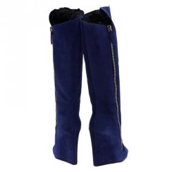 Pre Owned  Giuseppe Zanotti Blue Suede Guaz Fur Lined Wedge Knee Boots Size 38.5