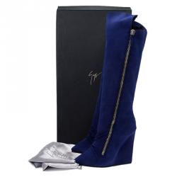 Pre Owned  Giuseppe Zanotti Blue Suede Guaz Fur Lined Wedge Knee Boots Size 38.5