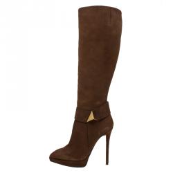 مملوكة مسبقًا Giuseppe Zanotti Brown Suede Pyramid Stud Platform Knee Boots Size 37