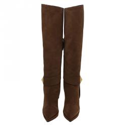 مملوكة مسبقًا Giuseppe Zanotti Brown Suede Pyramid Stud Platform Knee Boots Size 37