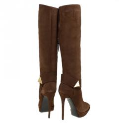 مملوكة مسبقًا Giuseppe Zanotti Brown Suede Pyramid Stud Platform Knee Boots Size 37