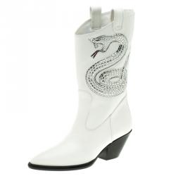 Pre Owned Giuseppe Zanotti White Snake Embellished Leather Guns 55 Cowboy Boots Size 37.5