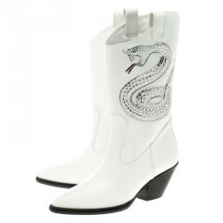 Pre Owned Giuseppe Zanotti White Snake Embellished Leather Guns 55 Cowboy Boots Size 37.5