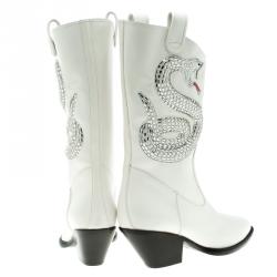 Pre Owned Giuseppe Zanotti White Snake Embellished Leather Guns 55 Cowboy Boots Size 37.5