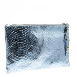 Pre Owned Giuseppe Zanotti Metallic Blue Snakeskin Embossed Leather Margery Clutch