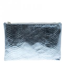 Pre Owned Giuseppe Zanotti Metallic Blue Snakeskin Embossed Leather Margery Clutch