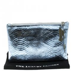 Pre Owned Giuseppe Zanotti Metallic Blue Snakeskin Embossed Leather Margery Clutch