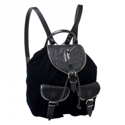 Pre Owned Giuseppe Zanotti Navy Blue Velvet and Leather Backpack