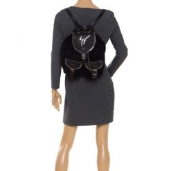 Pre Owned Giuseppe Zanotti Navy Blue Velvet and Leather Backpack