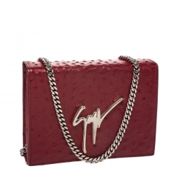 Pre Owned Giuseppe Zanotti Red Ostrich Embossed Leather Chain Shoulder Bag
