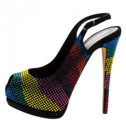 مملوكة مسبقًا صندل جوسيبي زانوتي فتحة كعب نعل سميك سويدي مرصع كريستال متعدد الألوان مقاس 37