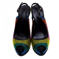 مملوكة مسبقًا صندل جوسيبي زانوتي فتحة كعب نعل سميك سويدي مرصع كريستال متعدد الألوان مقاس 37