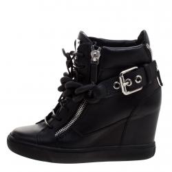 Pre Owned Giuseppe Zanotti Black Leather Lorenz Birel Wedge Sneakers Size 38