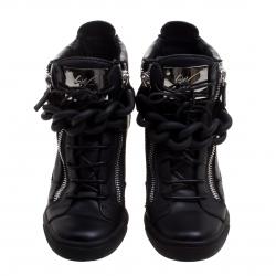 Pre Owned Giuseppe Zanotti Black Leather Lorenz Birel Wedge Sneakers Size 38