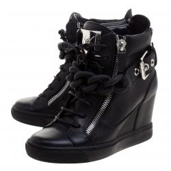 Pre Owned Giuseppe Zanotti Black Leather Lorenz Birel Wedge Sneakers Size 38