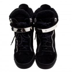 Pre Owned Giuseppe Zanotti Black Suede and Shearling Trim Lorenz Wedge Sneakers Size 39