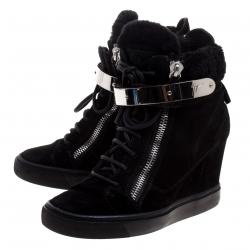 Pre Owned Giuseppe Zanotti Black Suede and Shearling Trim Lorenz Wedge Sneakers Size 39