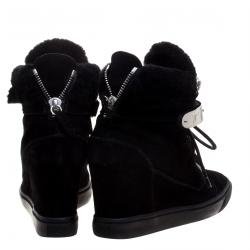 Pre Owned Giuseppe Zanotti Black Suede and Shearling Trim Lorenz Wedge Sneakers Size 39
