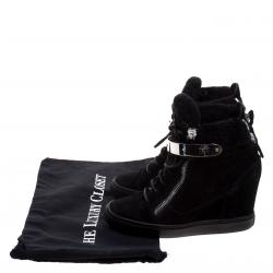 Pre Owned Giuseppe Zanotti Black Suede and Shearling Trim Lorenz Wedge Sneakers Size 39