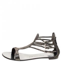 Pre Owned Giuseppe Zanotti Metallic Suede Strappy Flat Sandals Size 40
