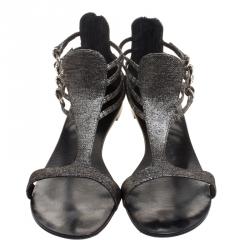 Pre Owned Giuseppe Zanotti Metallic Suede Strappy Flat Sandals Size 40