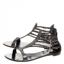 Pre Owned Giuseppe Zanotti Metallic Suede Strappy Flat Sandals Size 40