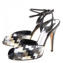 Pre Owned Giuseppe Zanotti Metallic Multi Leather Peep Toe Ankle Strap Sandals Size 40
