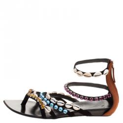 Pre Owned Giuseppe Zanotti Multicolor Crystal and Shell Embellished Flat Sandals Size 40