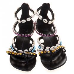 Pre Owned Giuseppe Zanotti Multicolor Crystal and Shell Embellished Flat Sandals Size 40