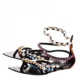 Pre Owned Giuseppe Zanotti Multicolor Crystal and Shell Embellished Flat Sandals Size 40