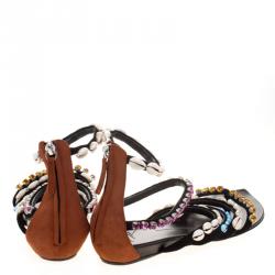 Pre Owned Giuseppe Zanotti Multicolor Crystal and Shell Embellished Flat Sandals Size 40