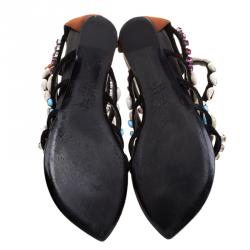Pre Owned Giuseppe Zanotti Multicolor Crystal and Shell Embellished Flat Sandals Size 40