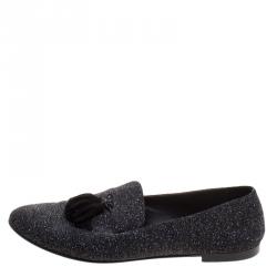 Pre Owned Giuseppe Zanotti Black Glitter Leather Tassel Smoking Slippers Size 40.5