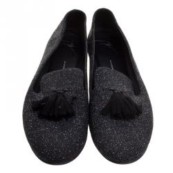 Pre Owned Giuseppe Zanotti Black Glitter Leather Tassel Smoking Slippers Size 40.5
