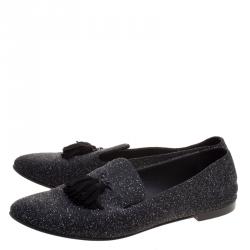 Pre Owned Giuseppe Zanotti Black Glitter Leather Tassel Smoking Slippers Size 40.5