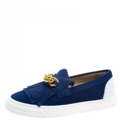 Pre Owned Giuseppe Zanotti Blue Fringed Suede Slip On Sneakers Size 40