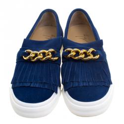 Pre Owned Giuseppe Zanotti Blue Fringed Suede Slip On Sneakers Size 40