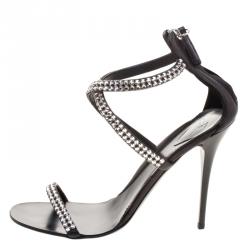 Pre Owned Giuseppe Zanotti Black Crystal Embellished Leather Cross Ankle Strap Sandals Size 37.5