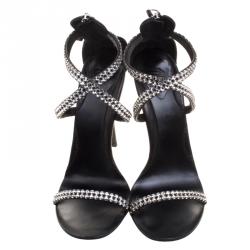 Pre Owned Giuseppe Zanotti Black Crystal Embellished Leather Cross Ankle Strap Sandals Size 37.5