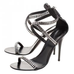 Pre Owned Giuseppe Zanotti Black Crystal Embellished Leather Cross Ankle Strap Sandals Size 37.5