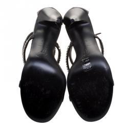 Pre Owned Giuseppe Zanotti Black Crystal Embellished Leather Cross Ankle Strap Sandals Size 37.5