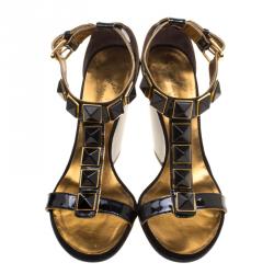 Pre Owned Giuseppe Zanotti Black Patent Leather Stud Embellished T Strap Wedge Sandals Size 35