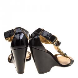 Pre Owned Giuseppe Zanotti Black Patent Leather Stud Embellished T Strap Wedge Sandals Size 35