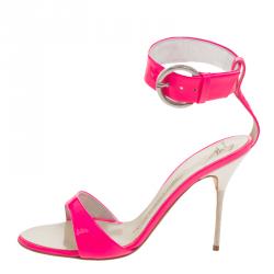 Pre Owned Giuseppe Zanotti Fluorescent Pink Patent Leather Ankle Cuff Sandals Size 36