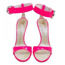 Pre Owned Giuseppe Zanotti Fluorescent Pink Patent Leather Ankle Cuff Sandals Size 36