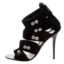 Pre Owned Giuseppe Zanotti Black Suede Crystal Ball Embellished Sandals Size 36