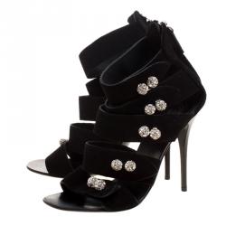 Pre Owned Giuseppe Zanotti Black Suede Crystal Ball Embellished Sandals Size 36